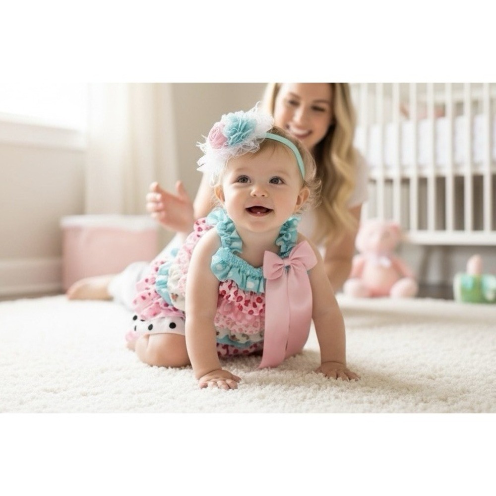 First Birthday Outfit‎ Baby Girl Pink Ruffle Romper With Bow Size 6-12 Months